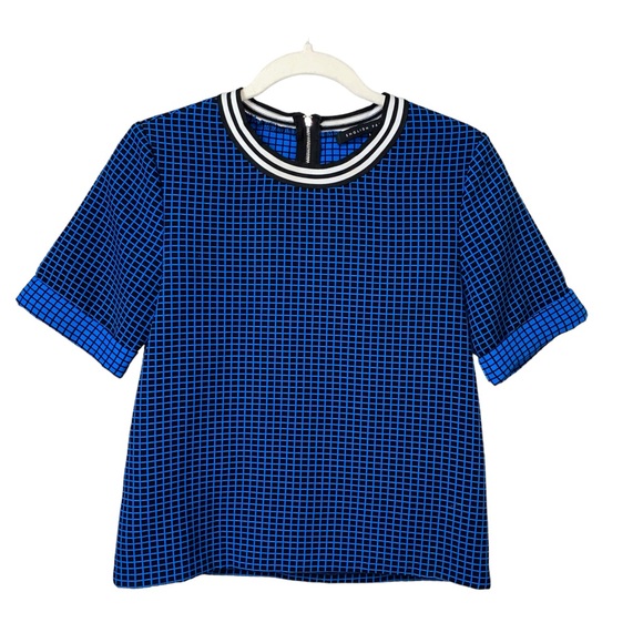English Factory blue black thick textured checkered print boxy blouse size small - Picture 1 of 11
